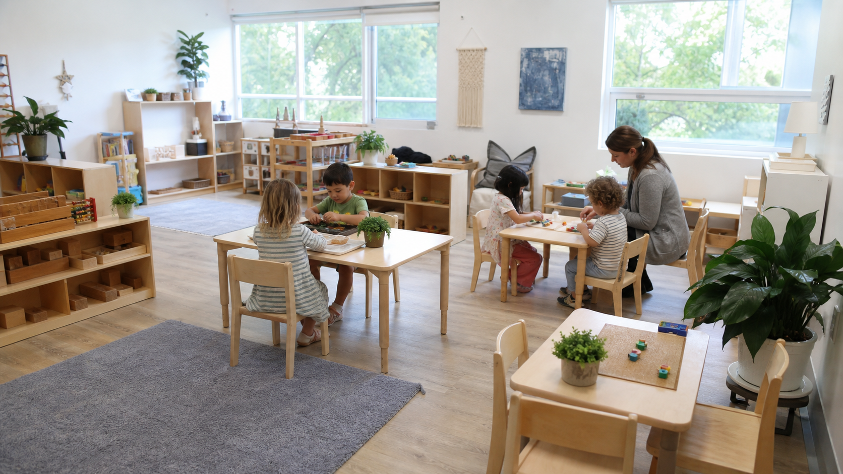 Staged child care classroom with children participating in supervised activities