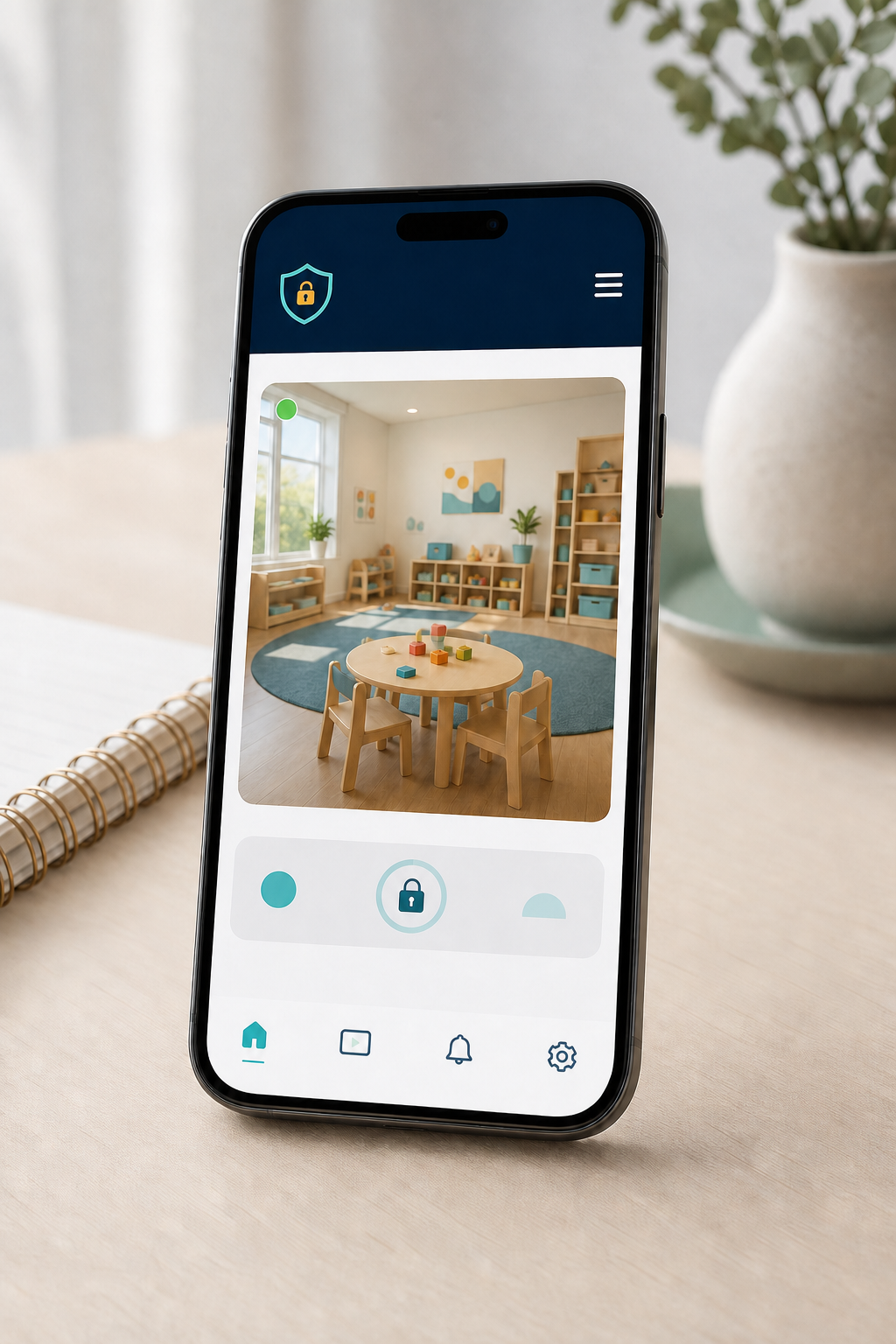 Fictional DaycareWebWatch mobile app interface showing a secure view-only classroom stream
